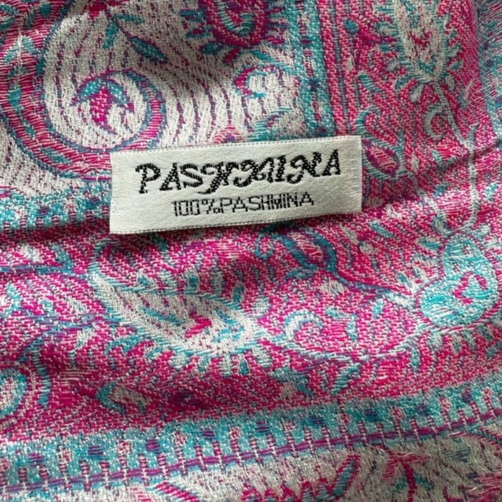 Cashmere wool - Pink Blue Paisley Pashmina Scarf Wrap - Picture 2 of 4